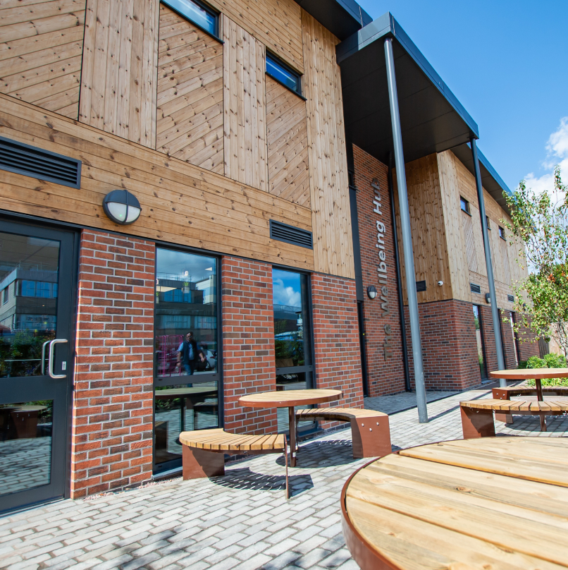 Modern building with wood and brick exterior